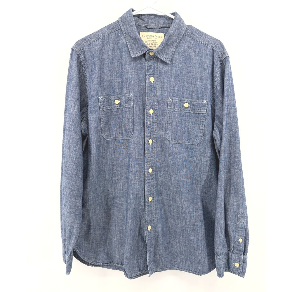 American Eagle Blue Chambray Denim Shirt Workwear Cotton Preppy Classic Men L